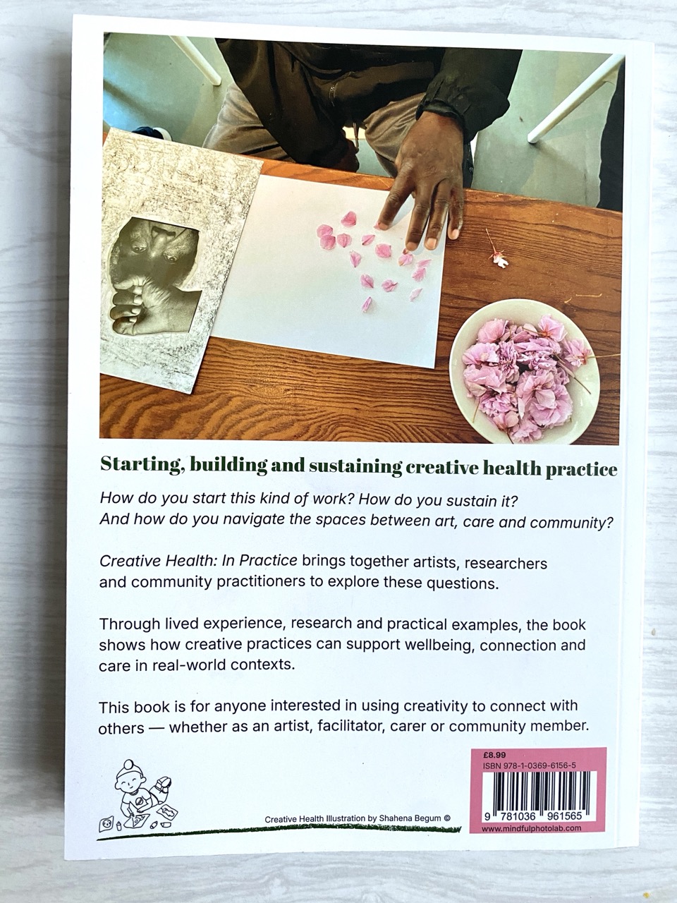 Creative Health In Practice book back cover edited by Pierre Bureau (Mindful Photo Lab) in collaboration with Dr Maria Grazia Turri